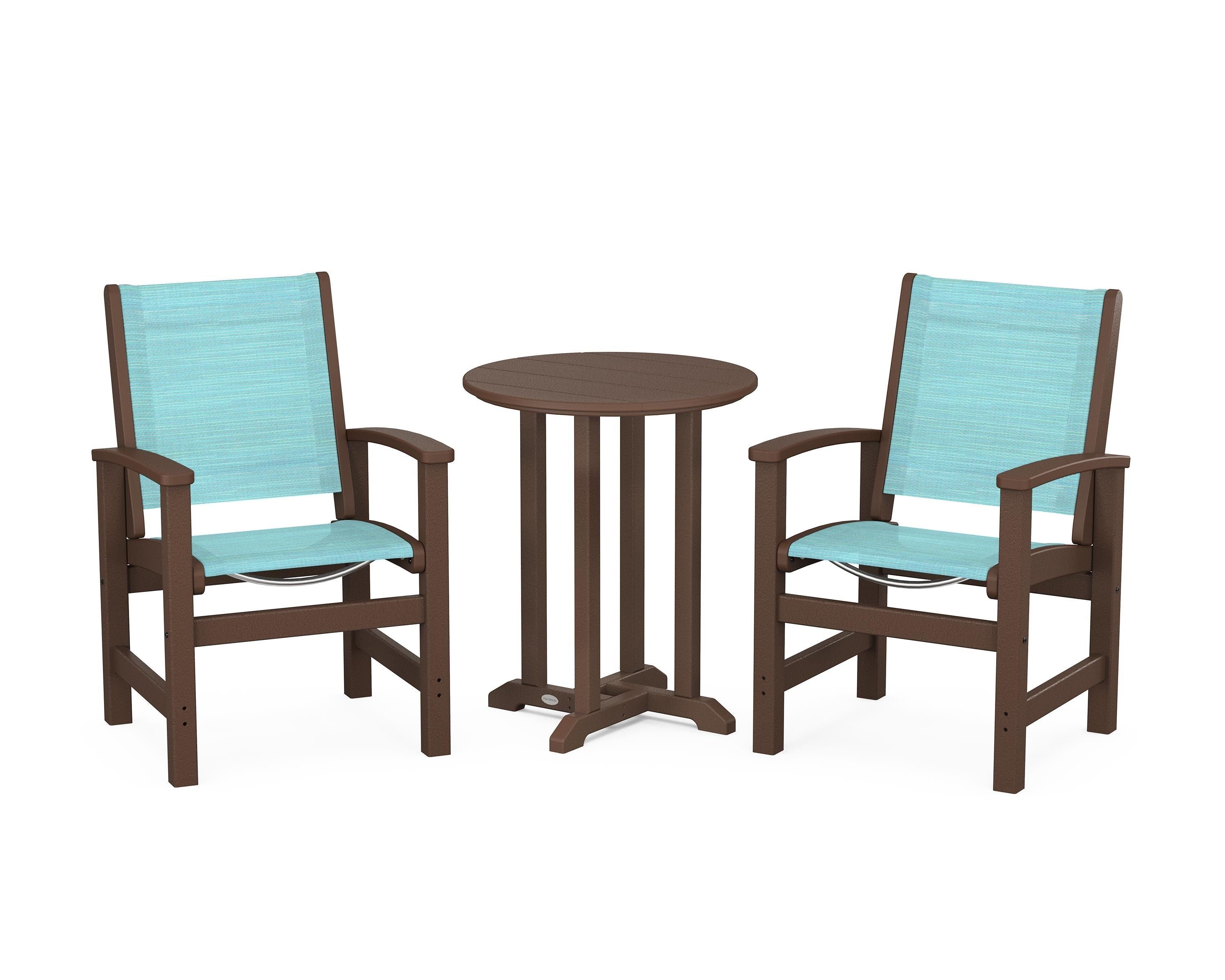 POLYWOOD® Coastal 3-Piece Round Bistro Dining Set in Mahogany / Dupioni Aquamarine Sling