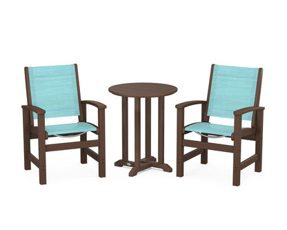 POLYWOOD® Coastal 3-Piece Round Bistro Dining Set in Mahogany / Dupioni Aquamarine Sling