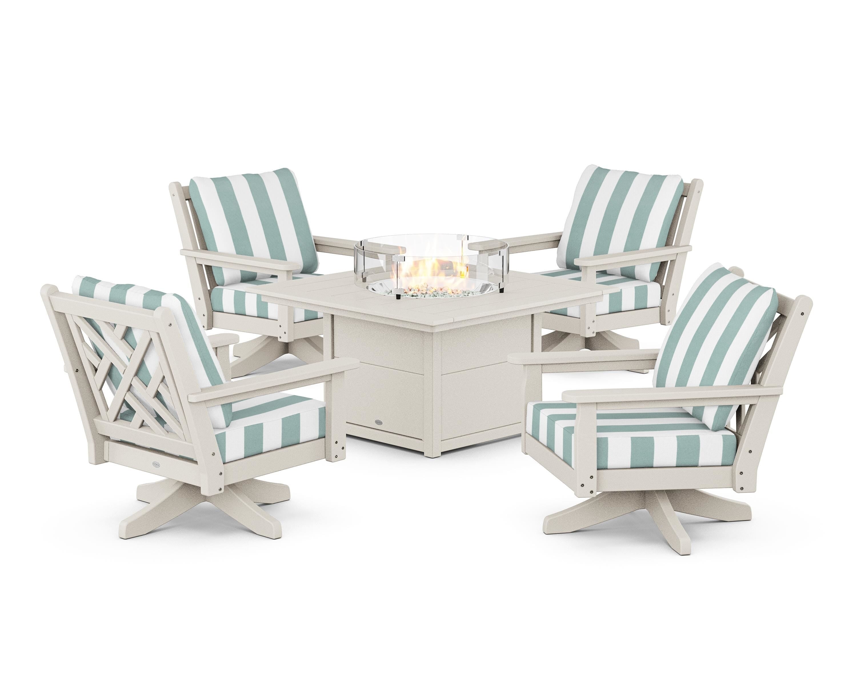 POLYWOOD® Chippendale 5-Piece Deep Seating Swivel Conversation Set with Fire Pit Table in Sand / Cabana Stripe Glacier Spa