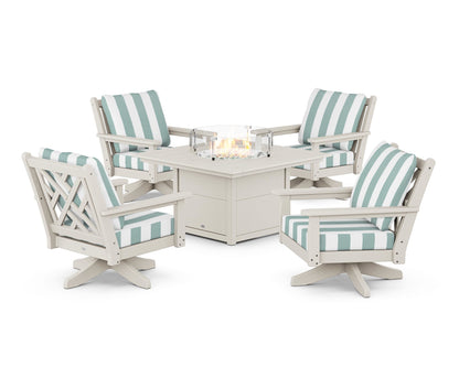 POLYWOOD® Chippendale 5-Piece Deep Seating Swivel Conversation Set with Fire Pit Table in Sand / Cabana Stripe Glacier Spa