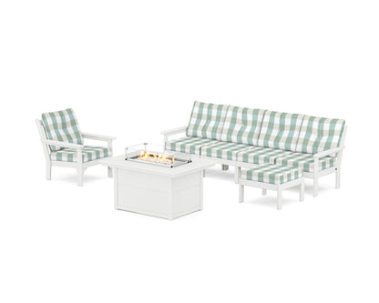 POLYWOOD® Vineyard Sectional Lounge and Fire Pit Set in White / Buffalo Plaid Glacier Spa
