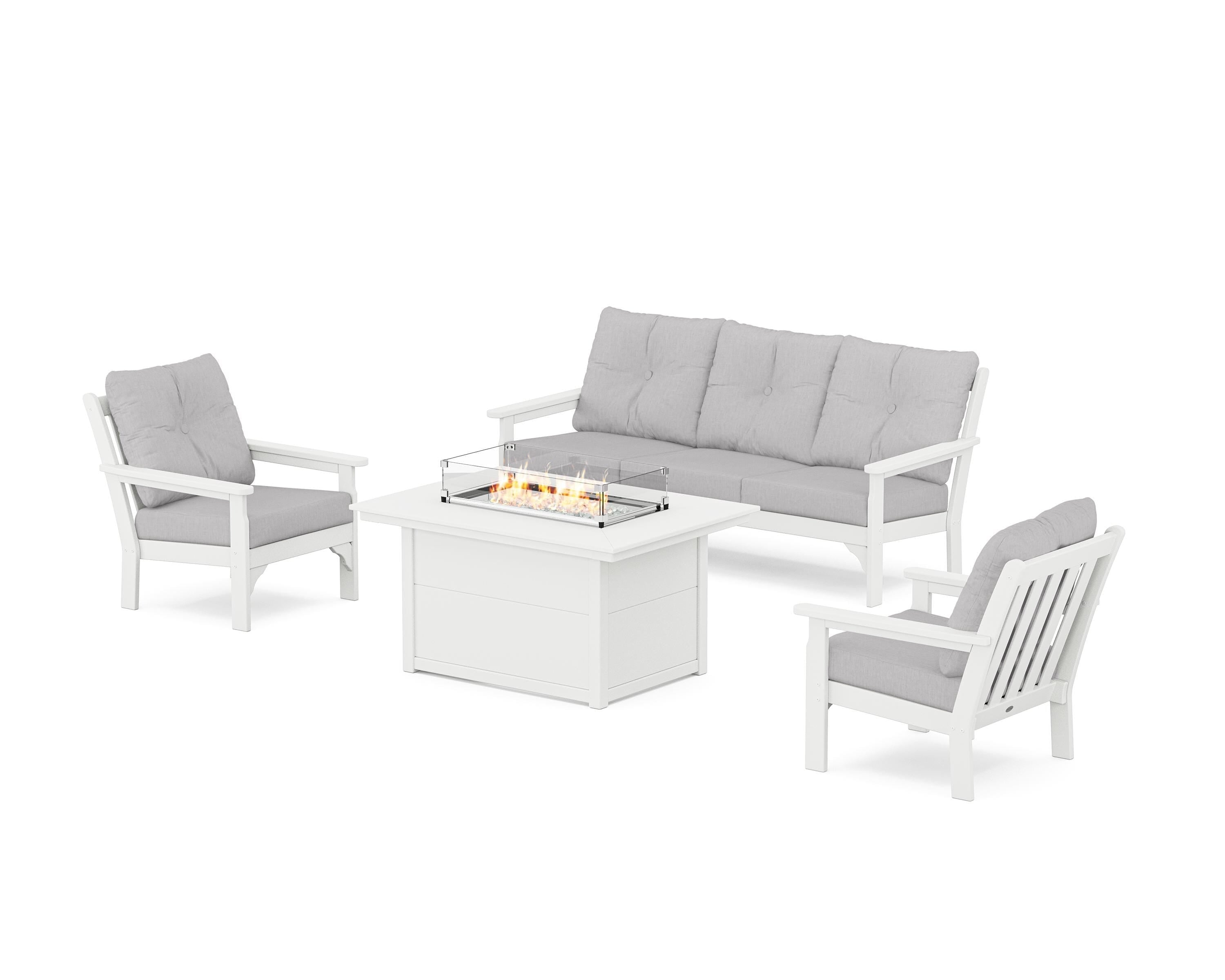POLYWOOD® Vineyard Deep Seating Fire Pit Table Set in White / Granite
