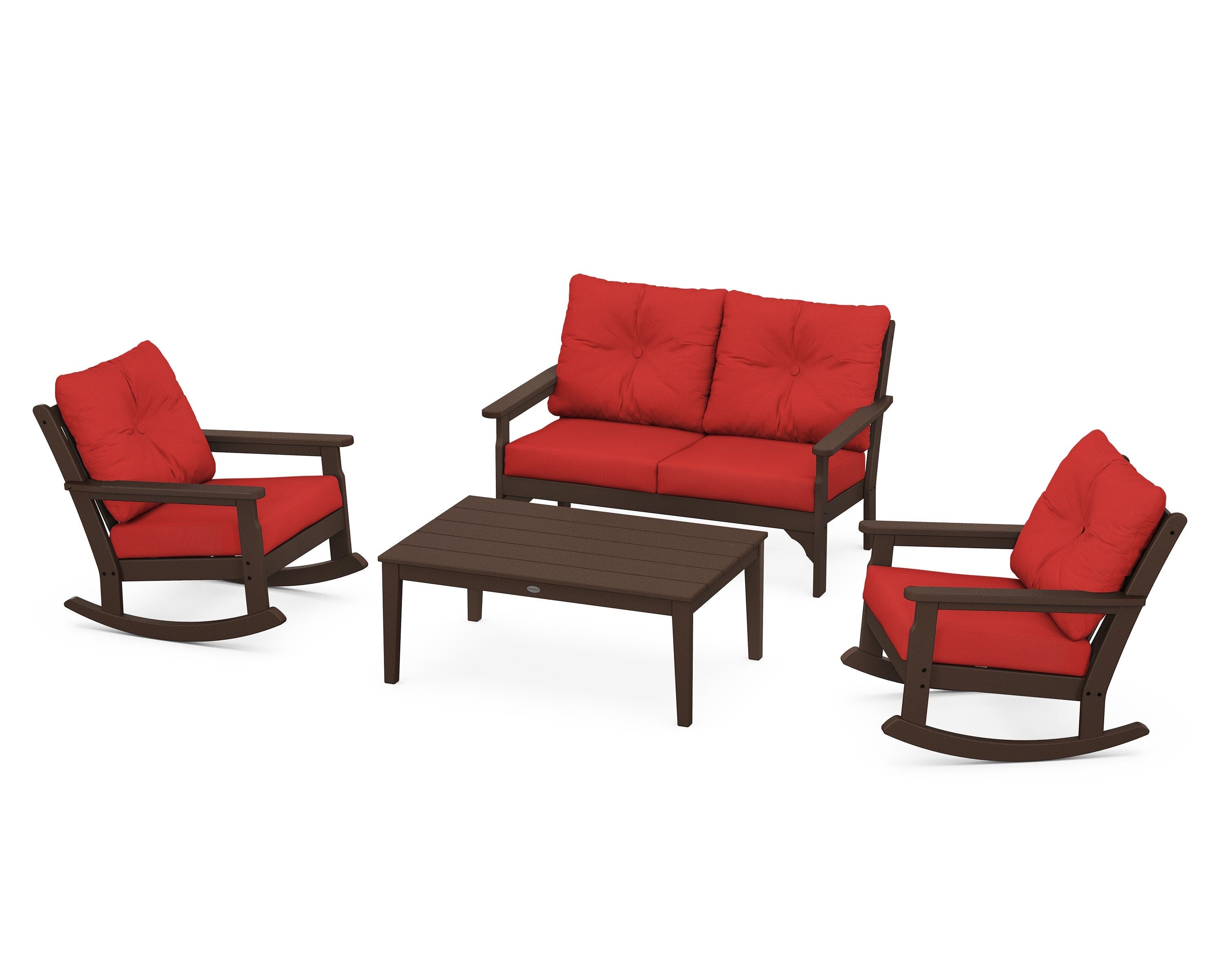POLYWOOD® Vineyard 4-Piece Deep Seating Rocking Chair Set in Mahogany / Crimson Linen