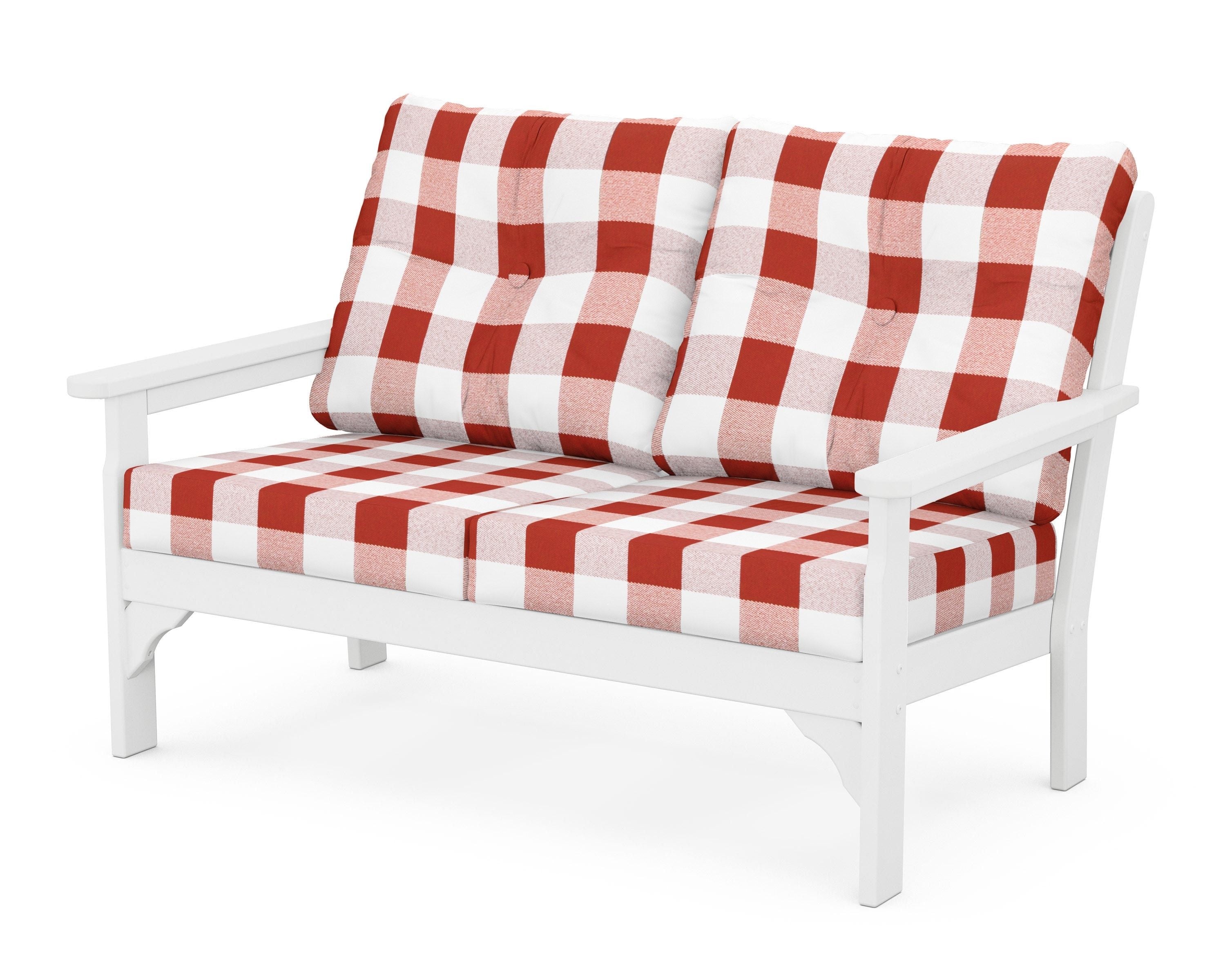 POLYWOOD® Vineyard Deep Seating Loveseat in White / Buffalo Plaid Crimson