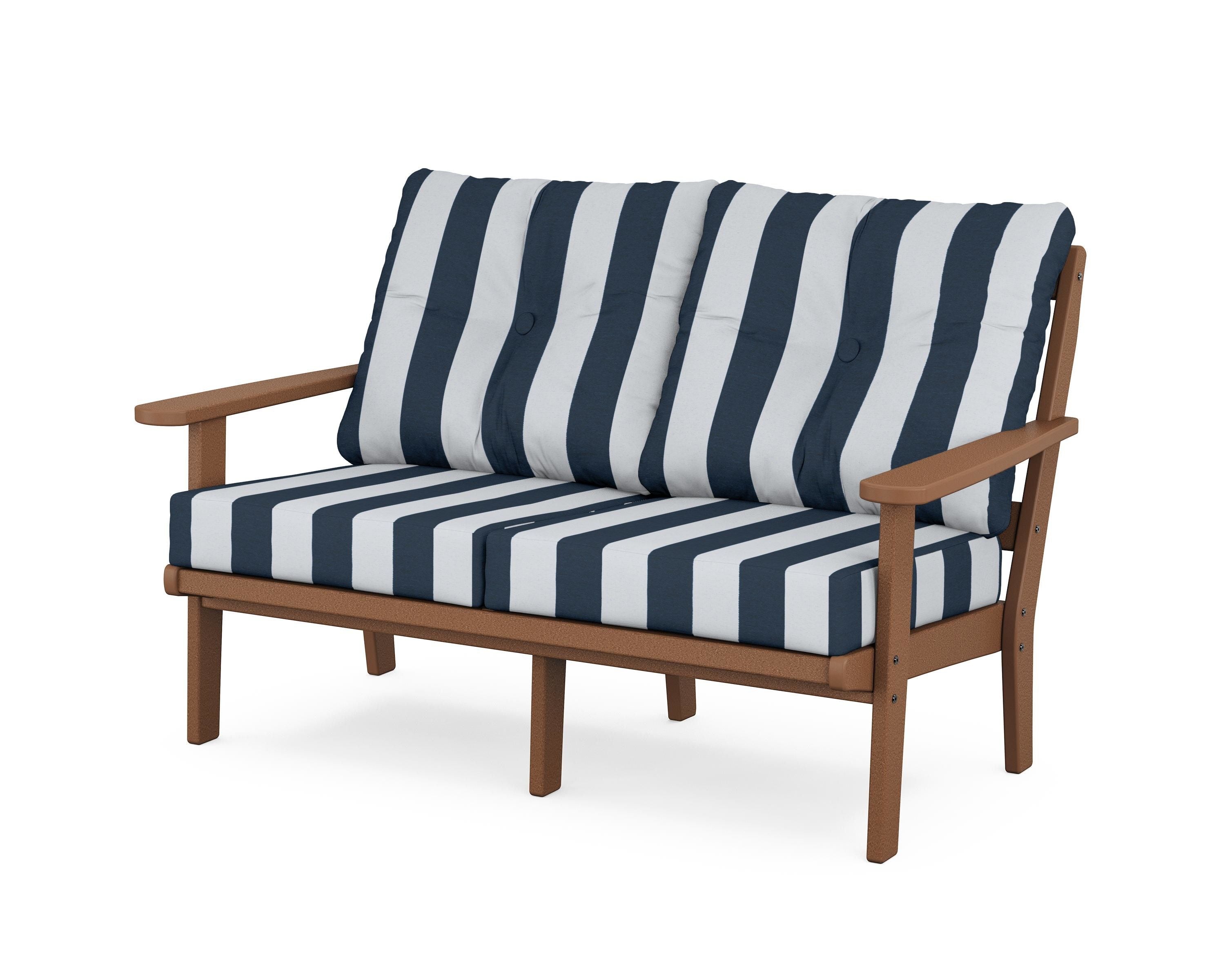 POLYWOOD® Mission Deep Seating Loveseat in Teak / Cabana Stripe Marine Indigo