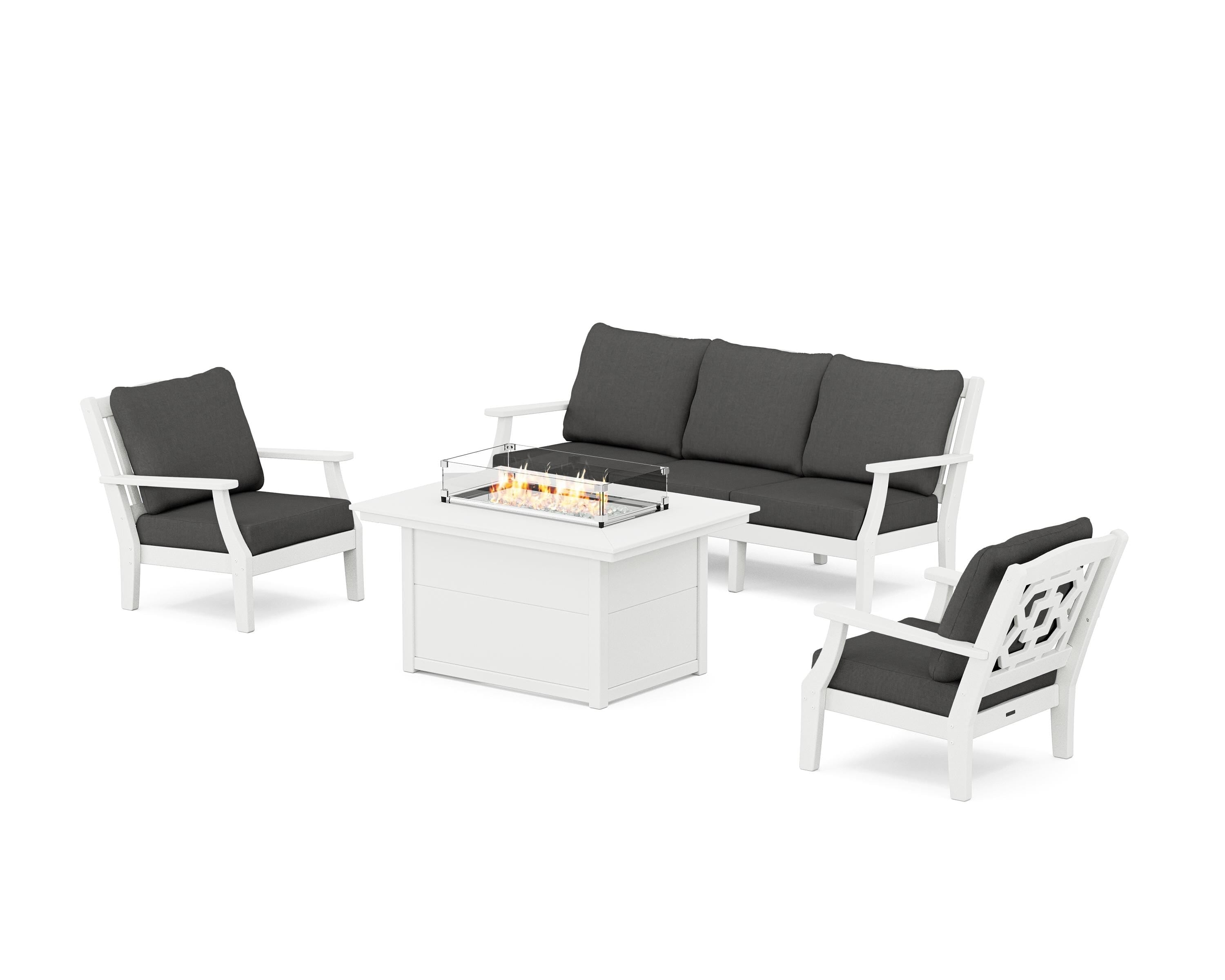 Martha Stewart by POLYWOOD® Chinoiserie Deep Seating Fire Pit Table Set in White / Spectrum Carbon