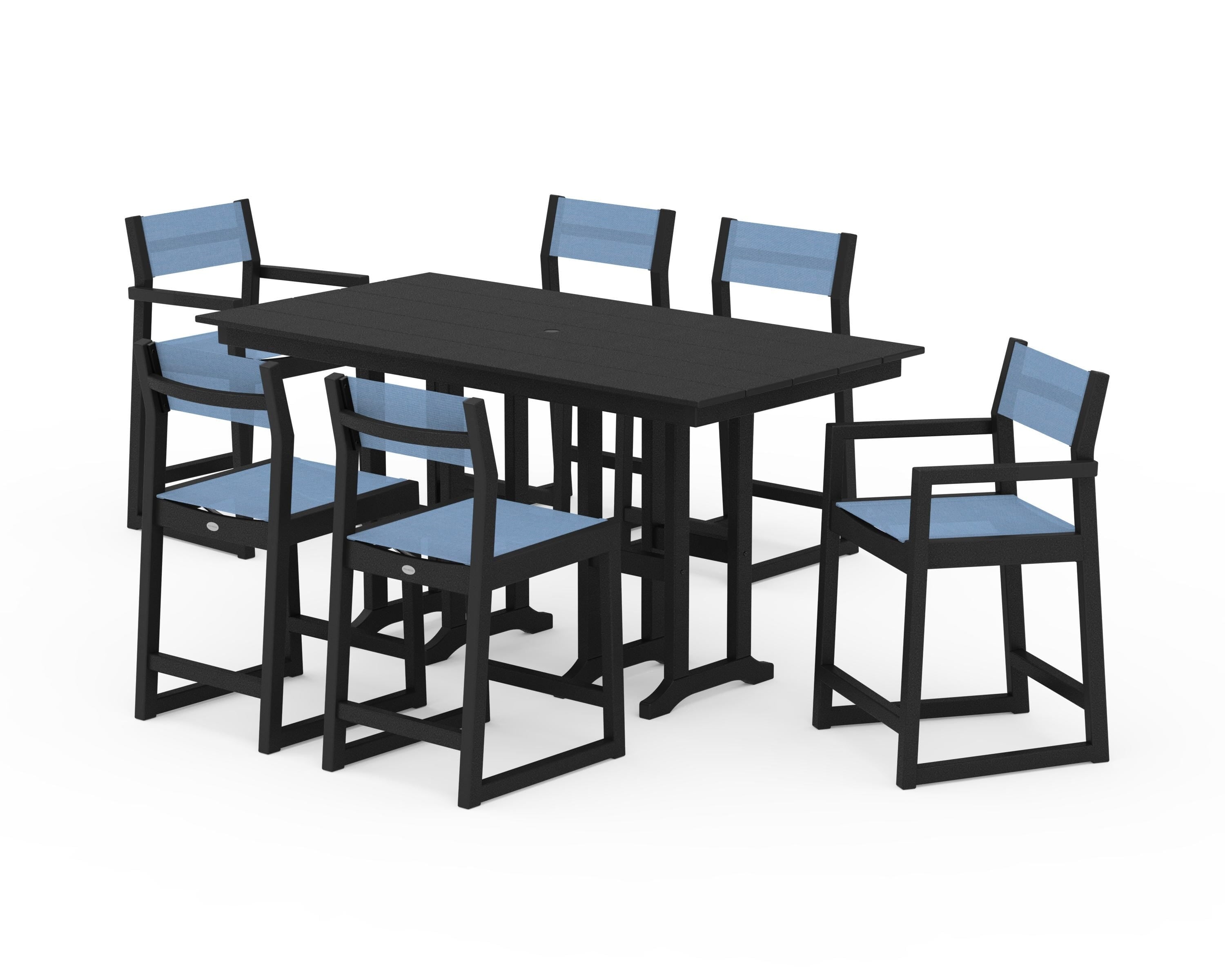 POLYWOOD® EDGE Sling 7-Piece Farmhouse Counter Set in Black / Poolside Sling