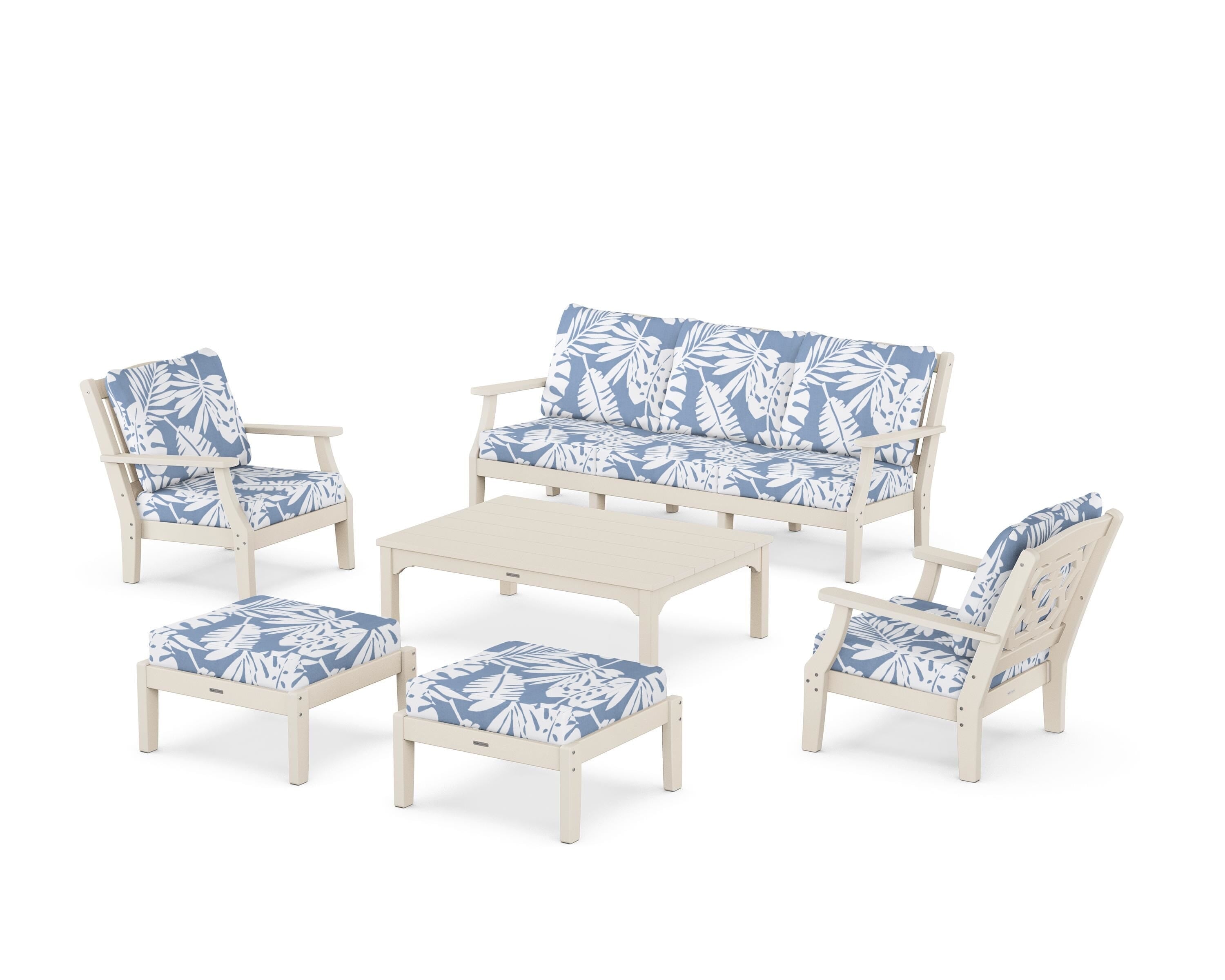 Martha Stewart by POLYWOOD® Chinoiserie 6-Piece Lounge Sofa Set in Sand / Leaf Sky Blue