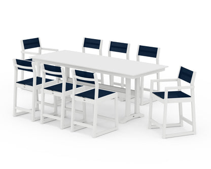POLYWOOD® EDGE Sling 9-Piece Farmhouse Counter Set with Trestle Legs in White / Navy Blue Sling