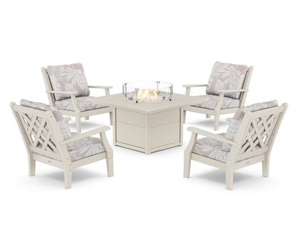 Country Living Wovendale 5-Piece Deep Seating Set with Fire Pit Table in Sand / Leaf Dune Burlap