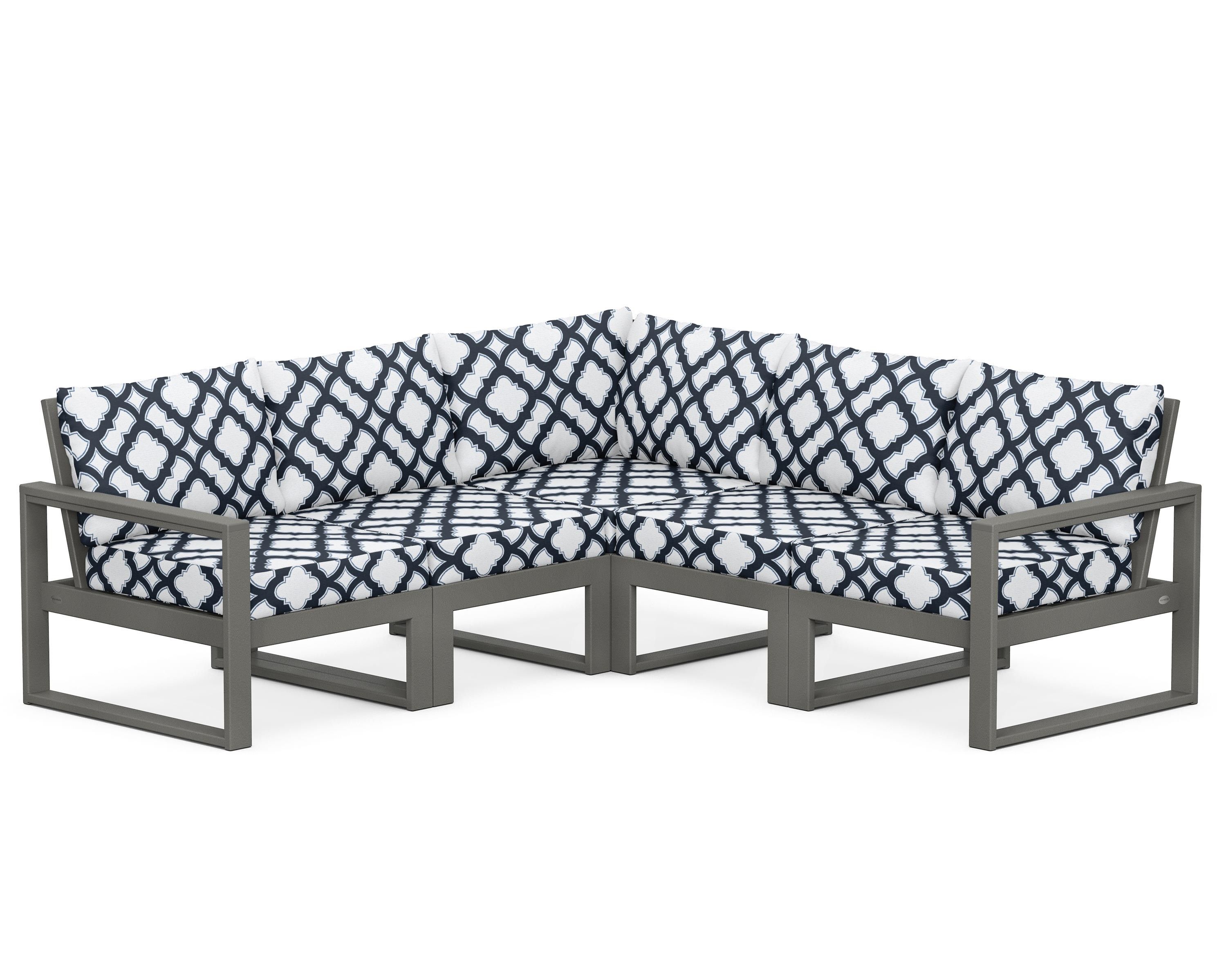POLYWOOD® EDGE 5-Piece Modular Deep Seating Set in Slate Grey / Trellis Marine Indigo