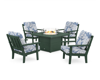 POLYWOOD® Oxford 5-Piece Deep Seating Set with Fire Pit Table in Green / Leaf Sky Blue