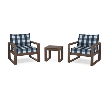 POLYWOOD® EDGE Sectional 3-Piece Deep Seating Set in Mahogany / Buffalo Plaid Marine Indigo