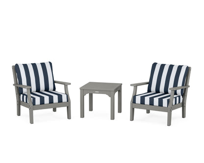 Martha Stewart by POLYWOOD® Chinoiserie 3-Piece Deep Seating Set in Slate Grey / Cabana Stripe Marine Indigo