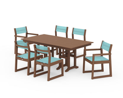 POLYWOOD® EDGE Sling 7-Piece Farmhouse Dining Set in Teak / Dupioni Aquamarine Sling