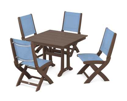 POLYWOOD® Coastal Folding Side Chair 5-Piece Farmhouse Dining Set With Trestle Legs in Mahogany / Poolside Sling