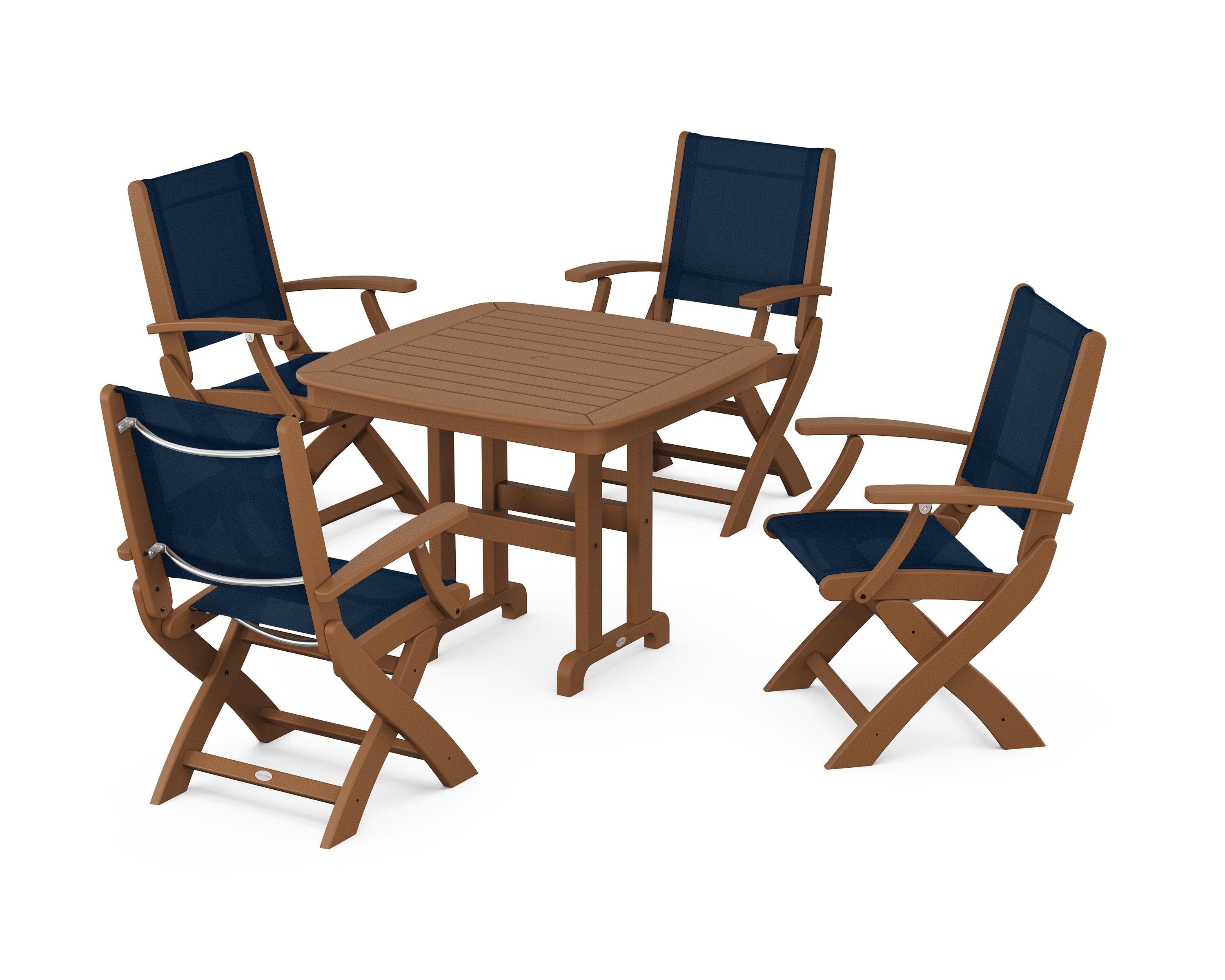 POLYWOOD® Coastal Folding Chair 5-Piece Dining Set in Teak / Navy Blue Sling