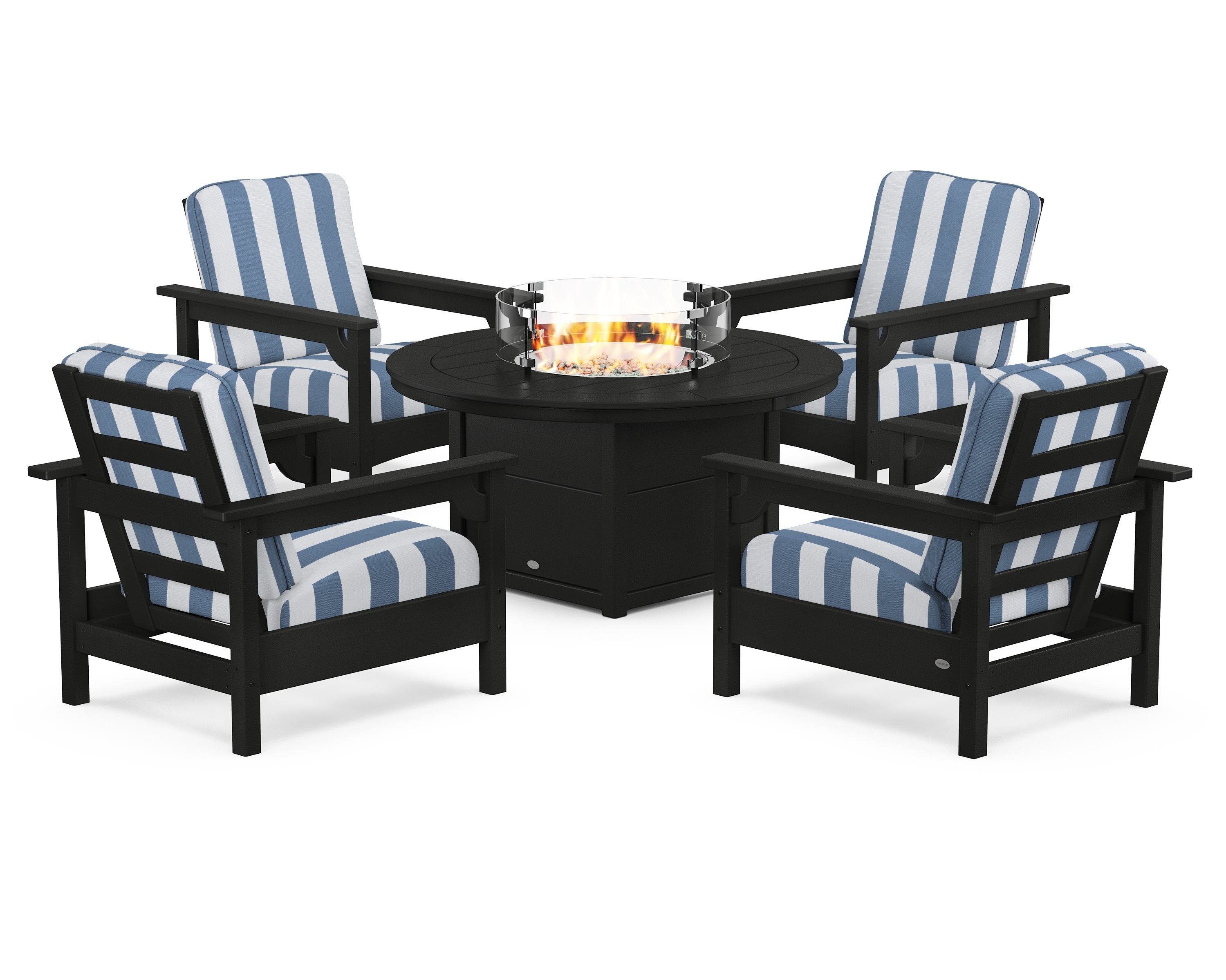 POLYWOOD® Club 5-Piece Conversation Set with Fire Pit Table in Black / Cabana Stripe Sky Blue