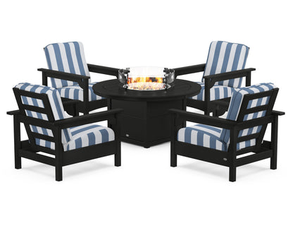 POLYWOOD® Club 5-Piece Conversation Set with Fire Pit Table in Black / Cabana Stripe Sky Blue