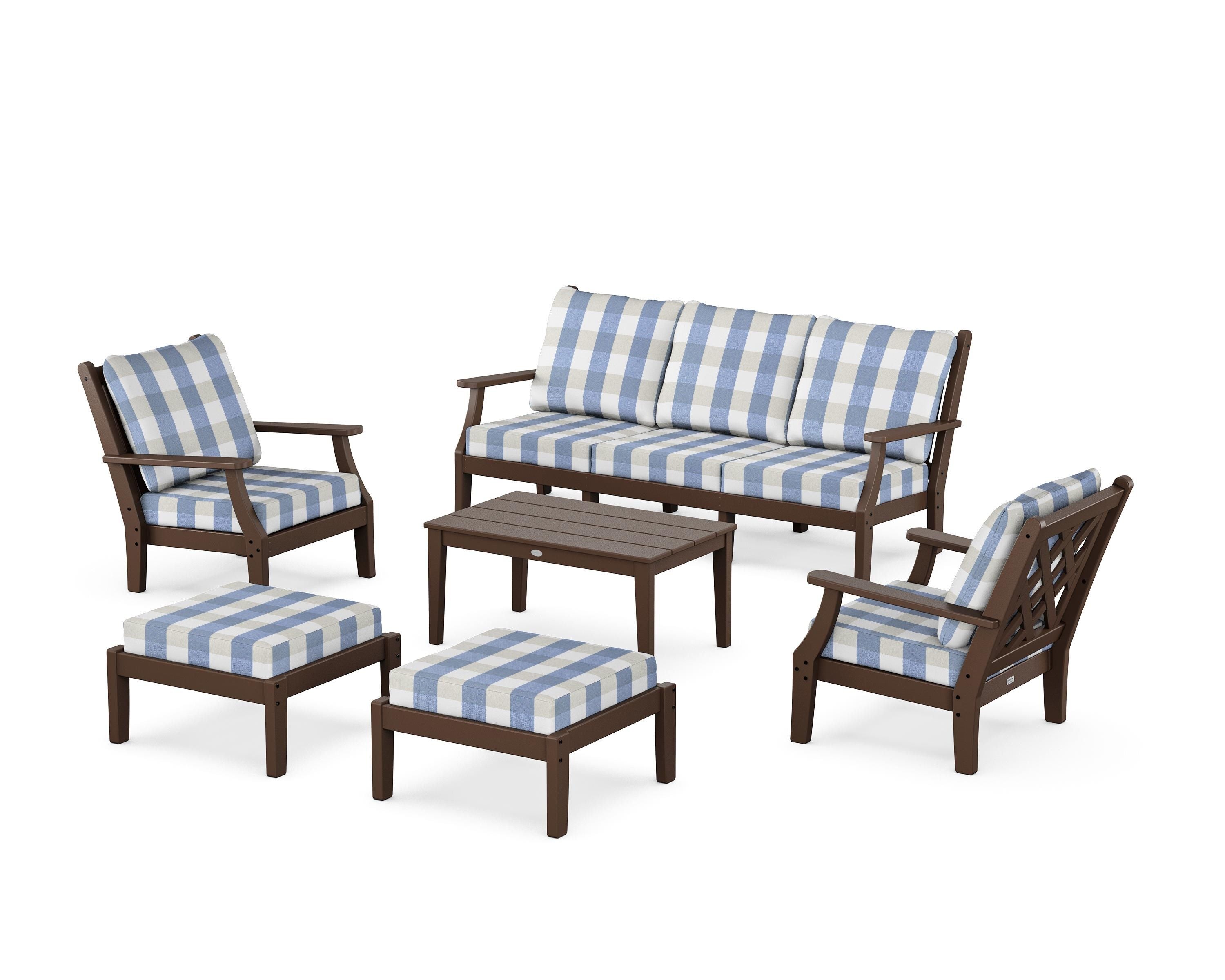 Country Living Wovendale 6-Piece Lounge Sofa Set in Mahogany / Buffalo Plaid Sky Blue