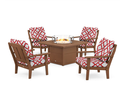 POLYWOOD® Mission 5-Piece Deep Seating Set with Fire Pit Table in Teak / Trellis Crimson