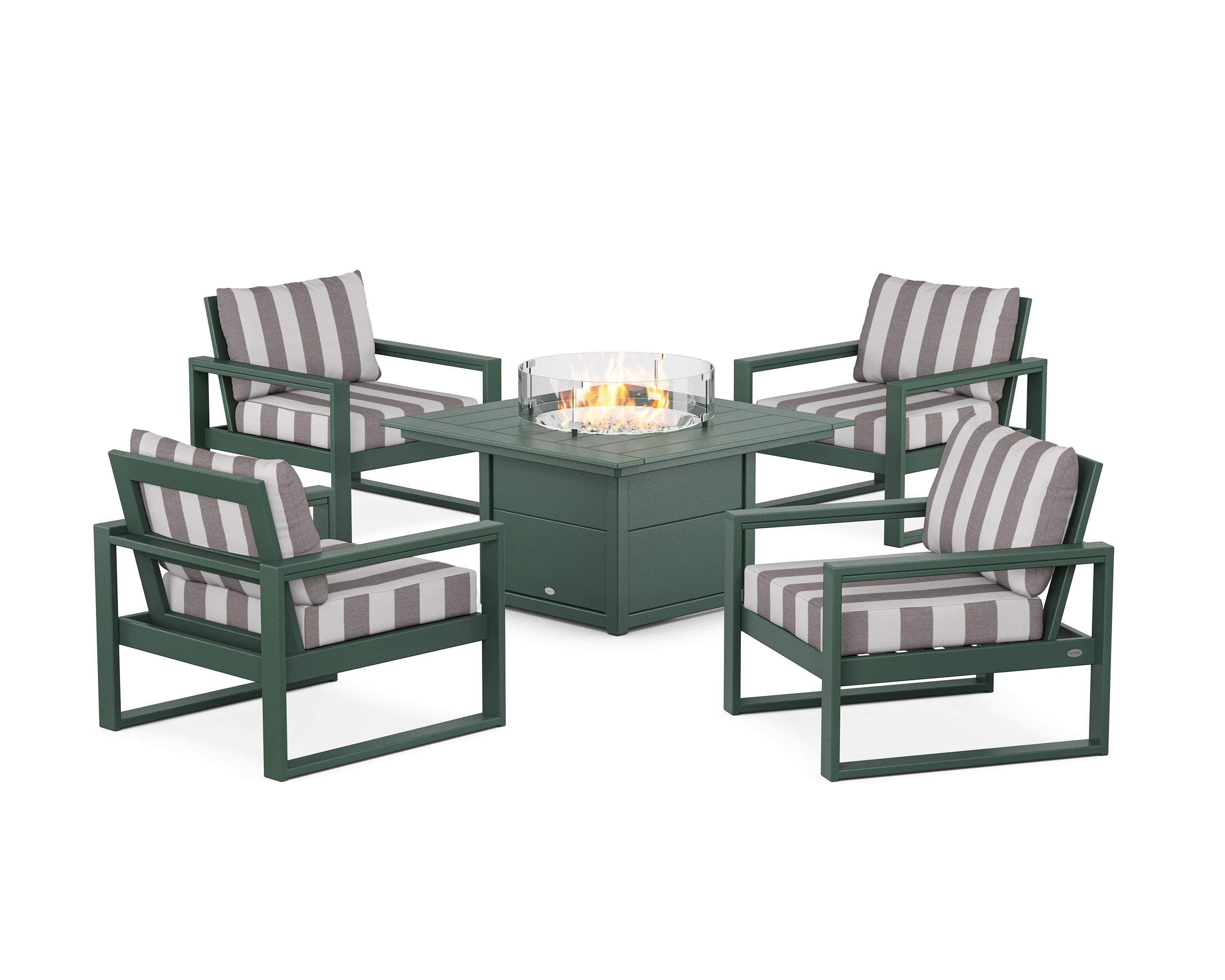 POLYWOOD® EDGE Sectional 5-Piece Deep Seating Set with Fire Pit Table in Green / Cabana Stripe Grey Mist