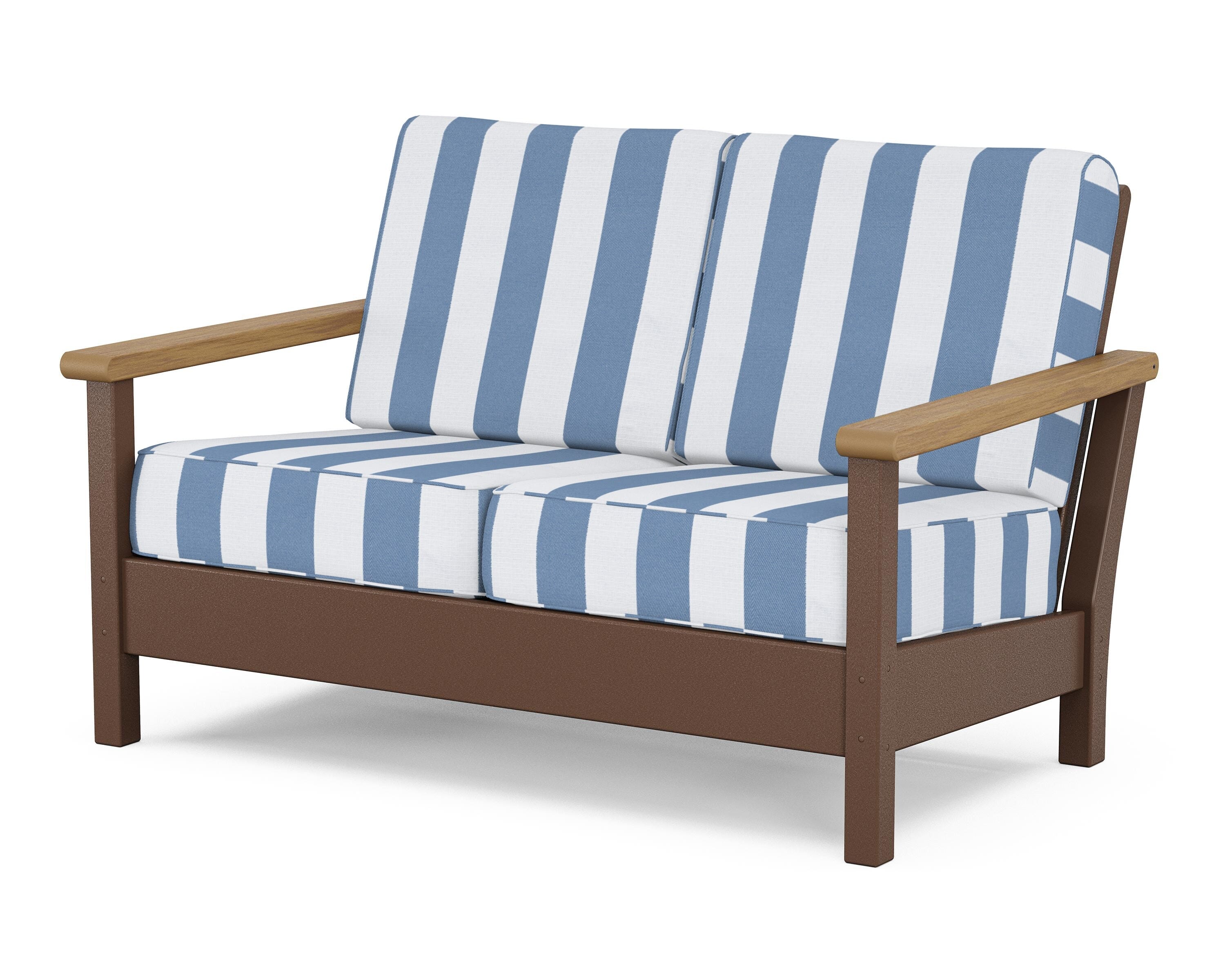 POLYWOOD® Harbour Deep Seating Loveseat in Mahogany / Natural / Cabana Stripe Sky Blue
