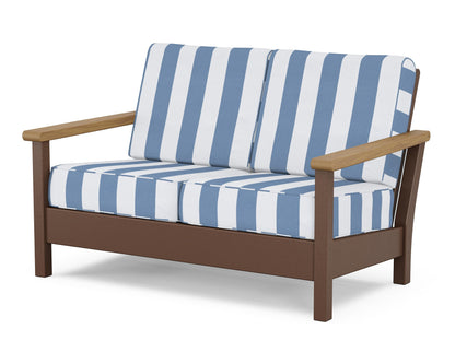 POLYWOOD® Harbour Deep Seating Loveseat in Mahogany / Natural / Cabana Stripe Sky Blue