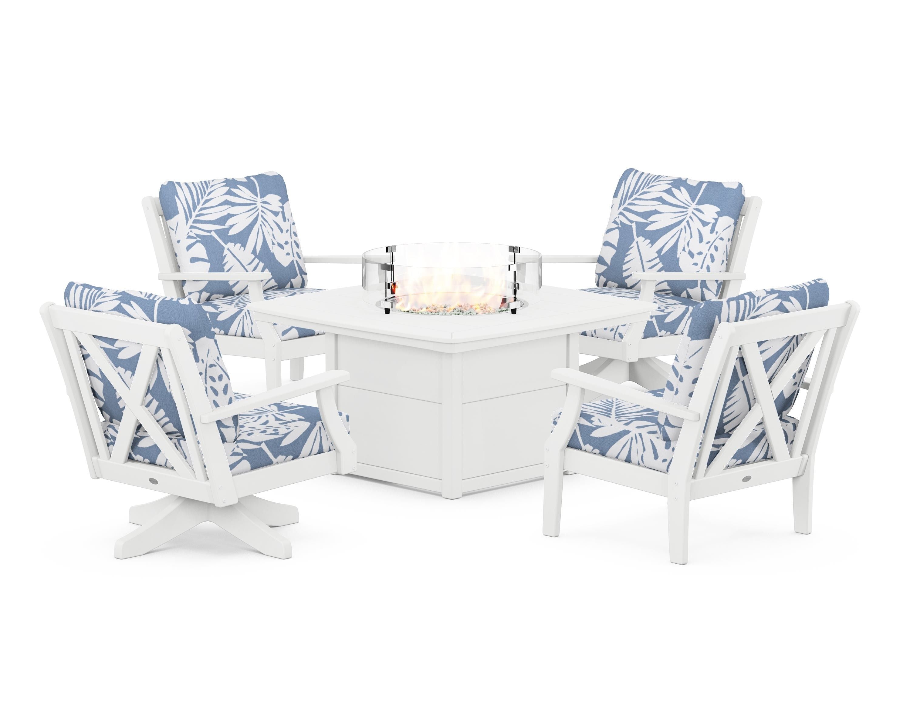 POLYWOOD® Braxton 5-Piece Deep Seating Set with Fire Table in White / Leaf Sky Blue