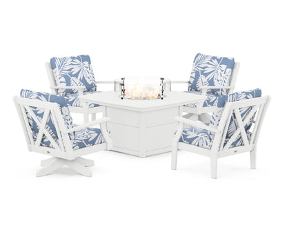 POLYWOOD® Braxton 5-Piece Deep Seating Set with Fire Table in White / Leaf Sky Blue