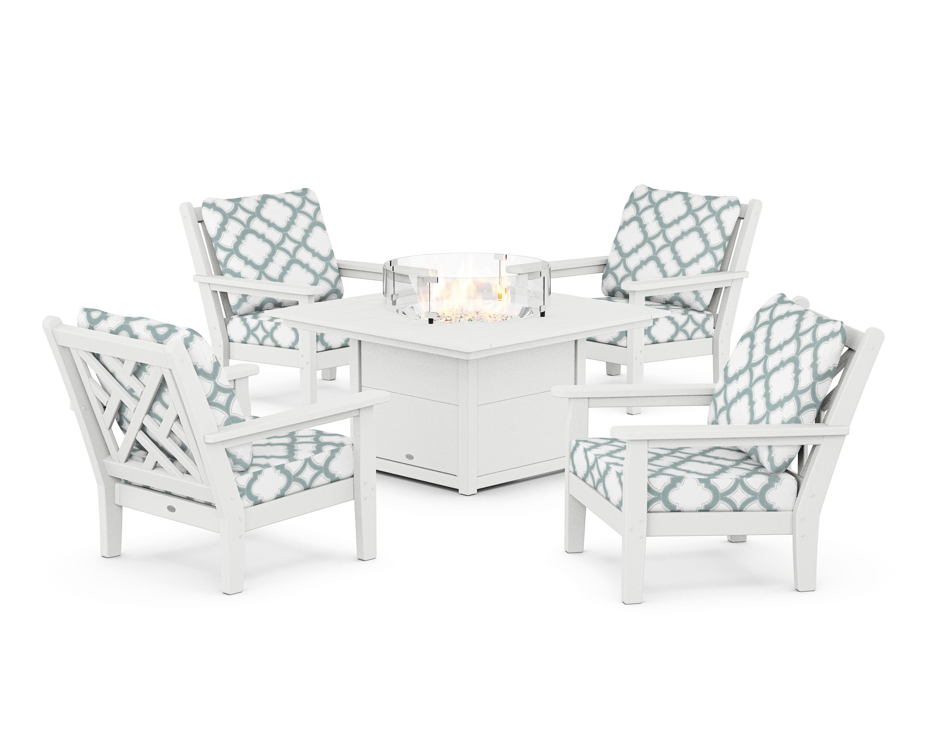 POLYWOOD® Chippendale 5-Piece Deep Seating Set with Fire Pit Table in White / Trellis Glacier Spa