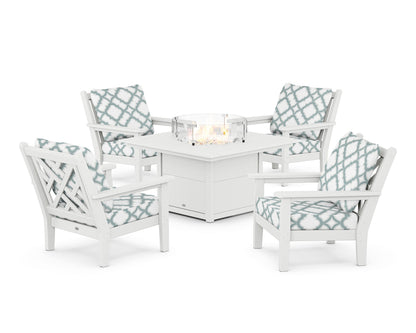 POLYWOOD® Chippendale 5-Piece Deep Seating Set with Fire Pit Table in White / Trellis Glacier Spa