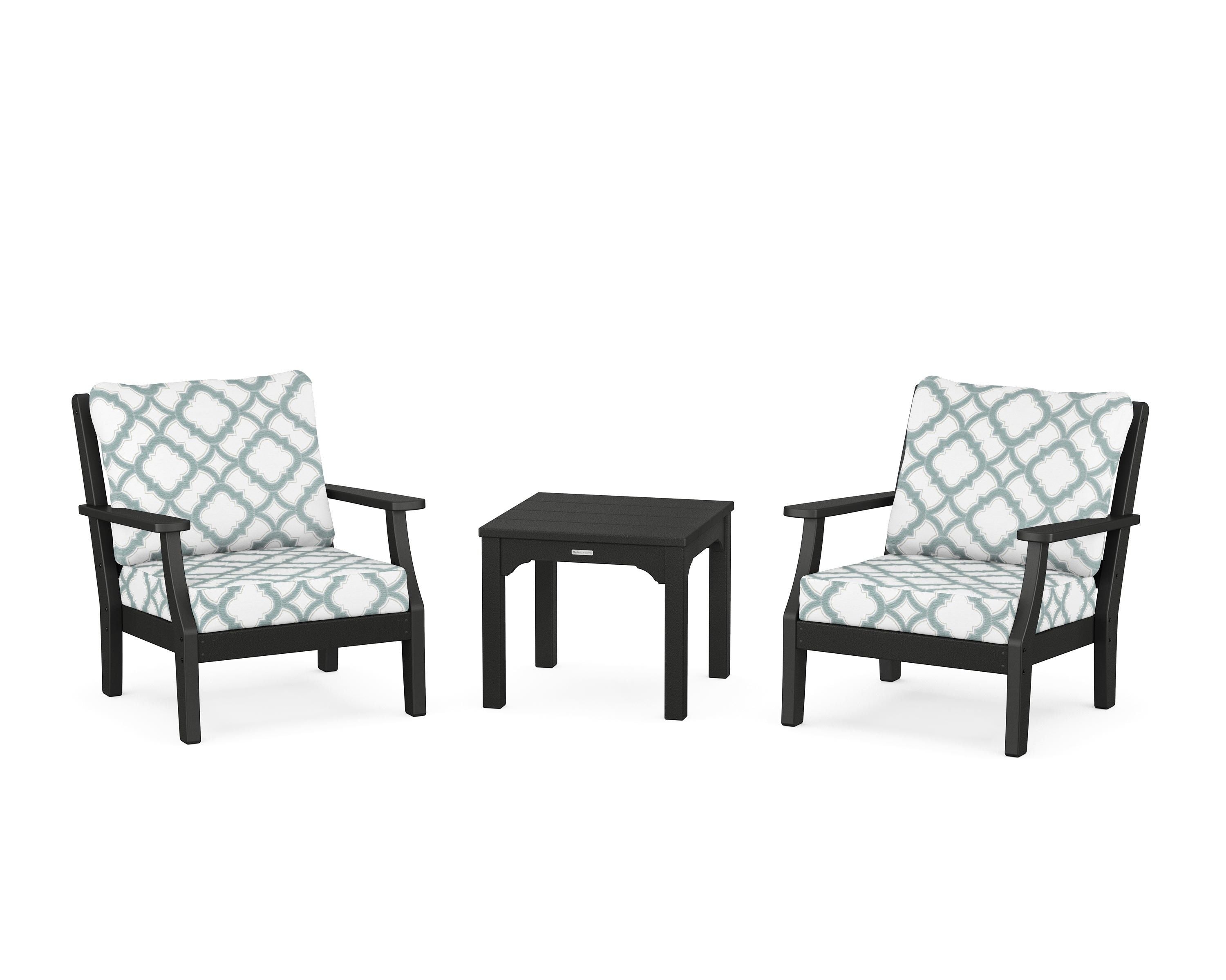 Martha Stewart by POLYWOOD® Chinoiserie 3-Piece Deep Seating Set in Black / Trellis Glacier Spa