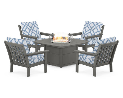 POLYWOOD® Vineyard 5-Piece Conversation Set with Fire Pit Table in Slate Grey / Trellis Sky Blue