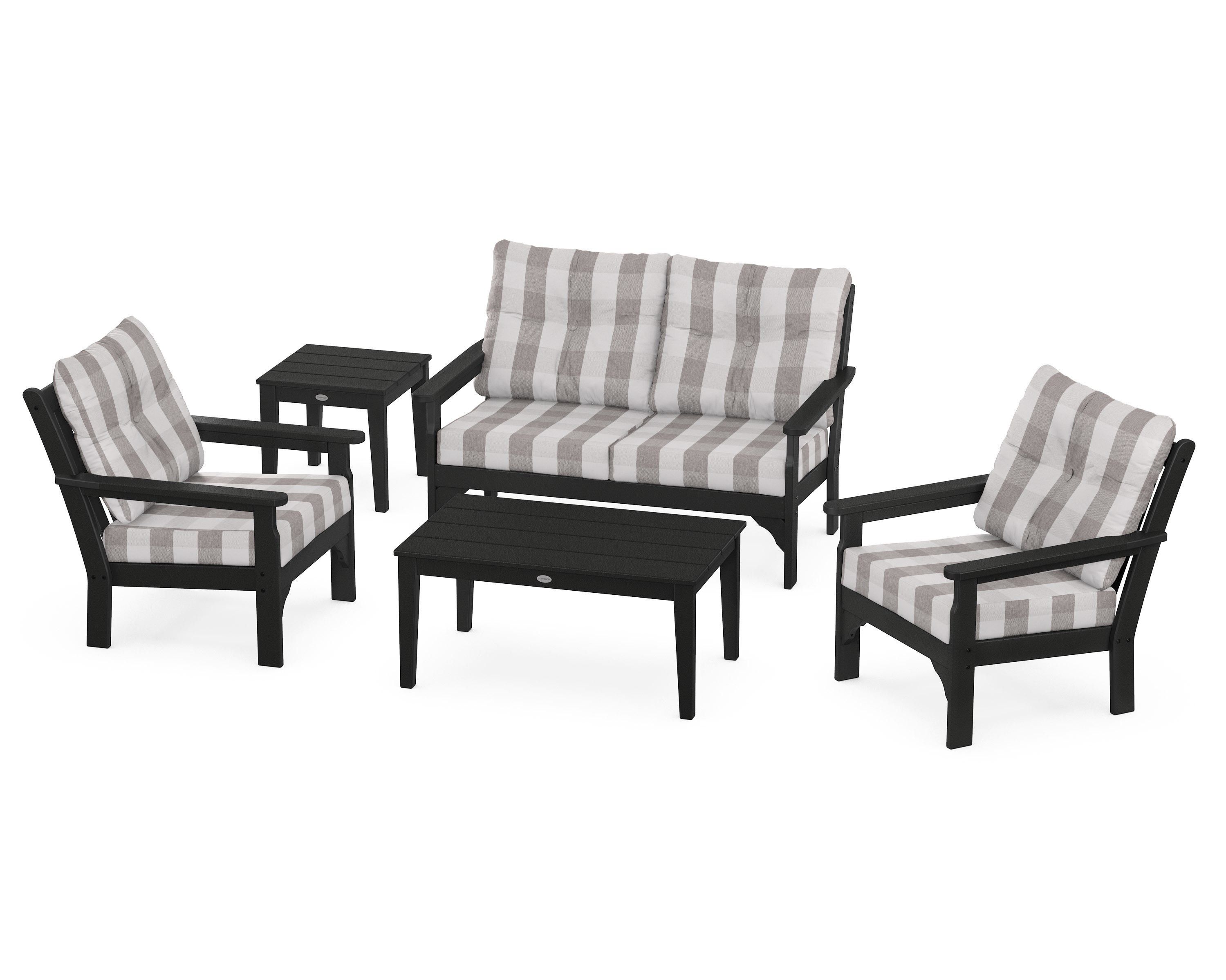 POLYWOOD® Vineyard 5-Piece Deep Seating Set in Black / Buffalo Plaid Grey Mist