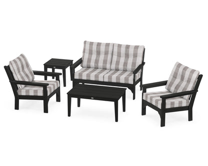 POLYWOOD® Vineyard 5-Piece Deep Seating Set in Black / Buffalo Plaid Grey Mist