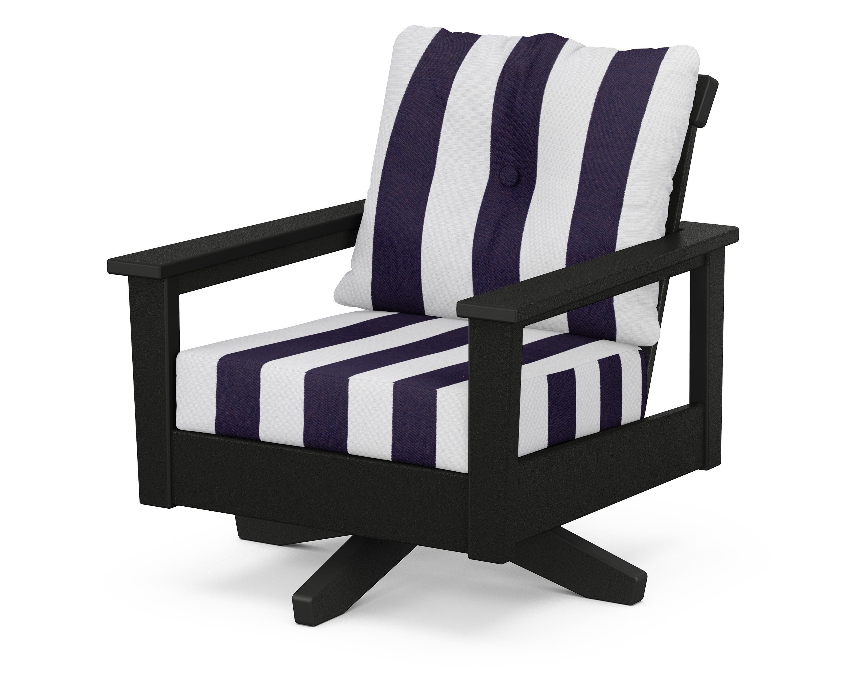 POLYWOOD® Prescott Deep Seating Swivel Chair in Black / Cabana Stripe Navy