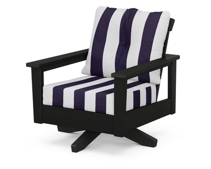 POLYWOOD® Prescott Deep Seating Swivel Chair in Black / Cabana Stripe Navy