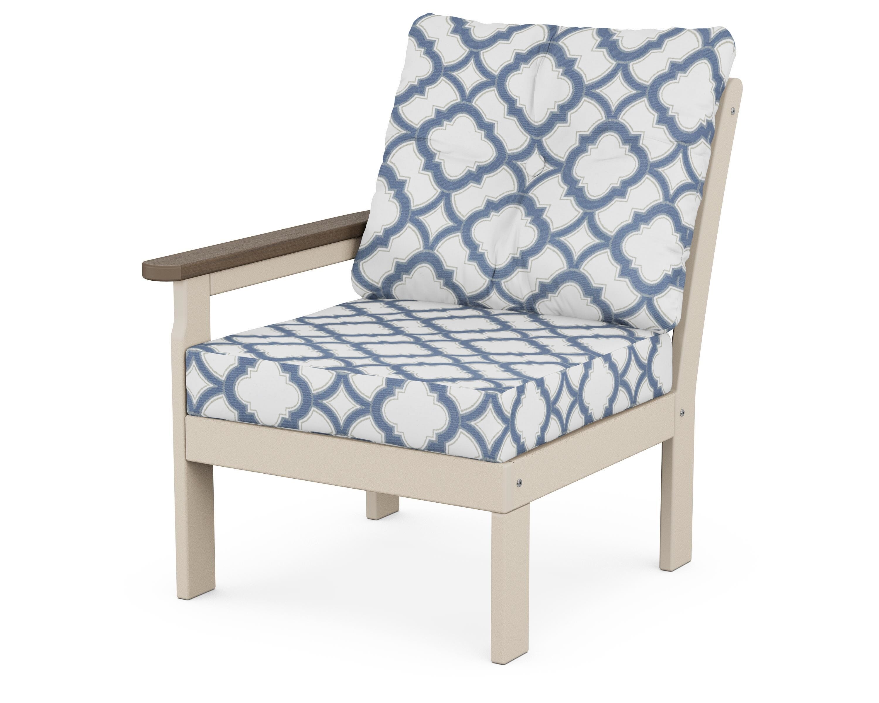 POLYWOOD® Vineyard Modular Left Arm Chair in Sand / Kona / Trellis Sky Blue