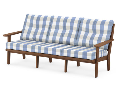 POLYWOOD® Lakeside Deep Seating Sofa in Teak / Buffalo Plaid Sky Blue