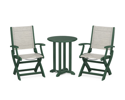 POLYWOOD® Coastal Folding 3-Piece Round Bistro Dining Set in Green / Birch Sling