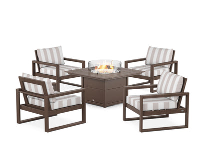 POLYWOOD® EDGE Sectional 5-Piece Deep Seating Set with Fire Pit Table in Mahogany / Cabana Stripe Dune Burlap