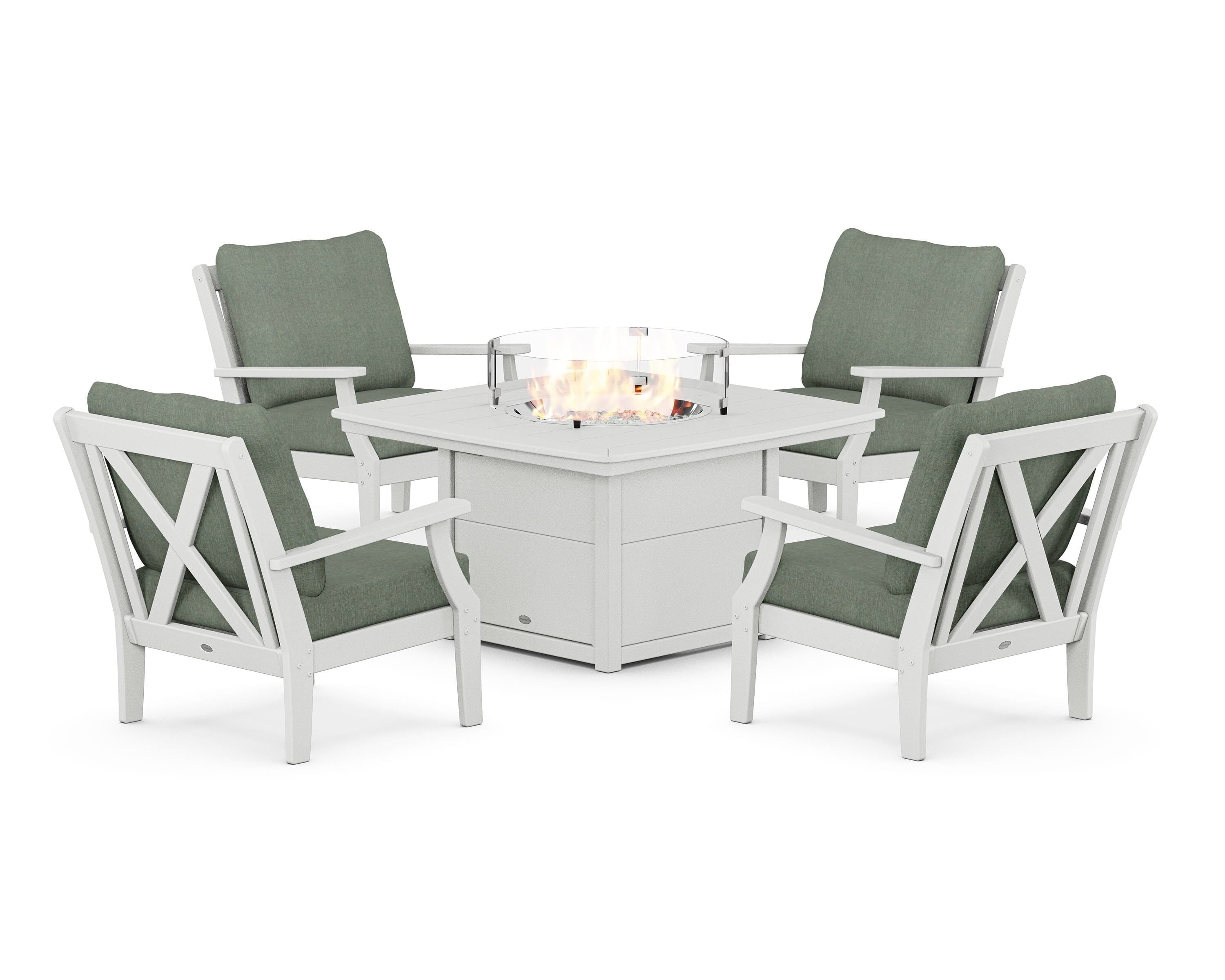POLYWOOD® Braxton 5-Piece Deep Seating Conversation Set with Fire Pit Table in White / Cast Sage