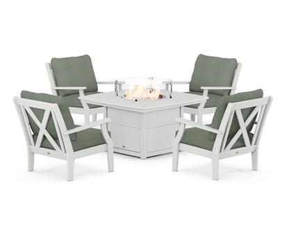 POLYWOOD® Braxton 5-Piece Deep Seating Conversation Set with Fire Pit Table in White / Cast Sage