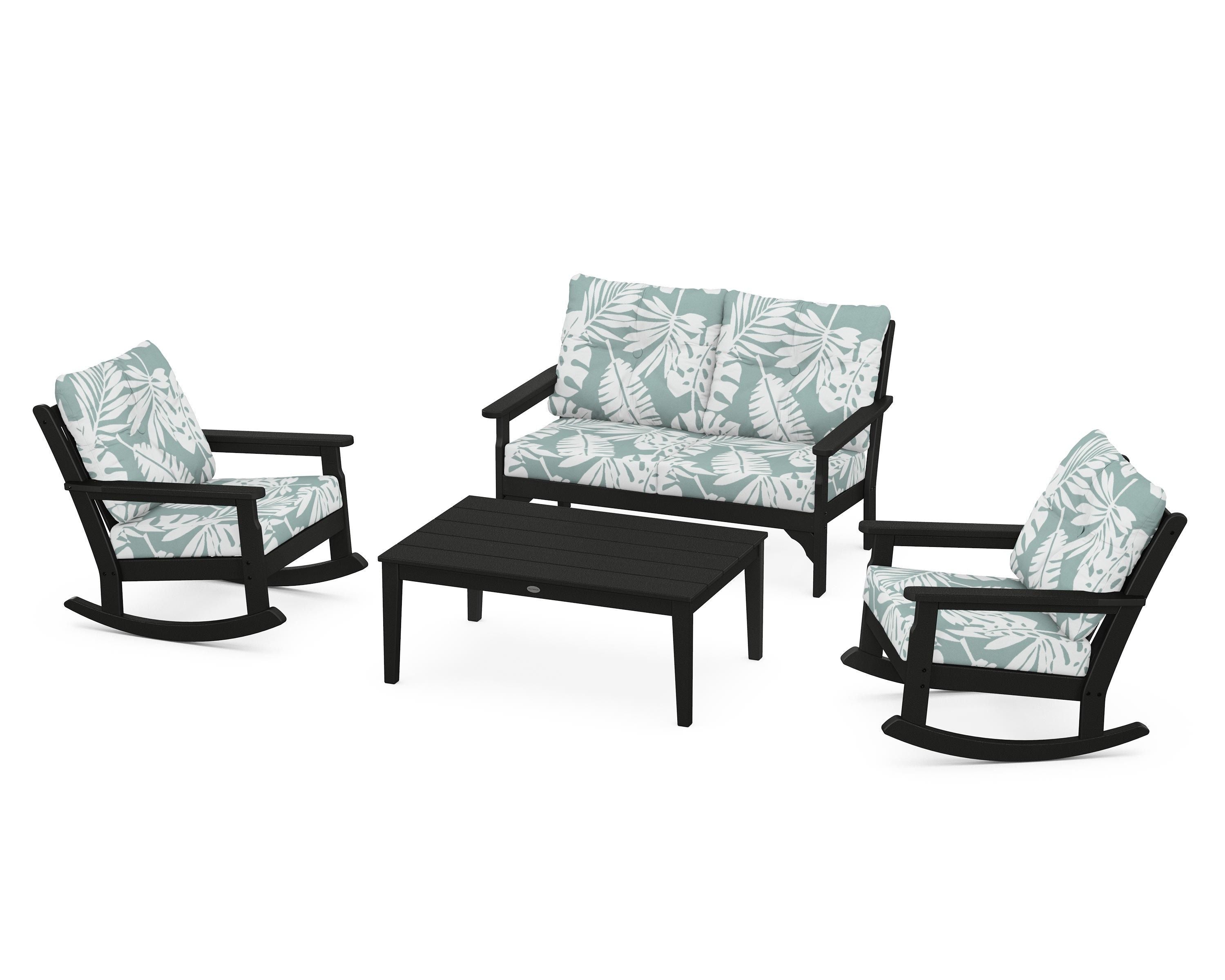 POLYWOOD® Vineyard 4-Piece Deep Seating Rocking Chair Set in Black / Leaf Glacier Spa