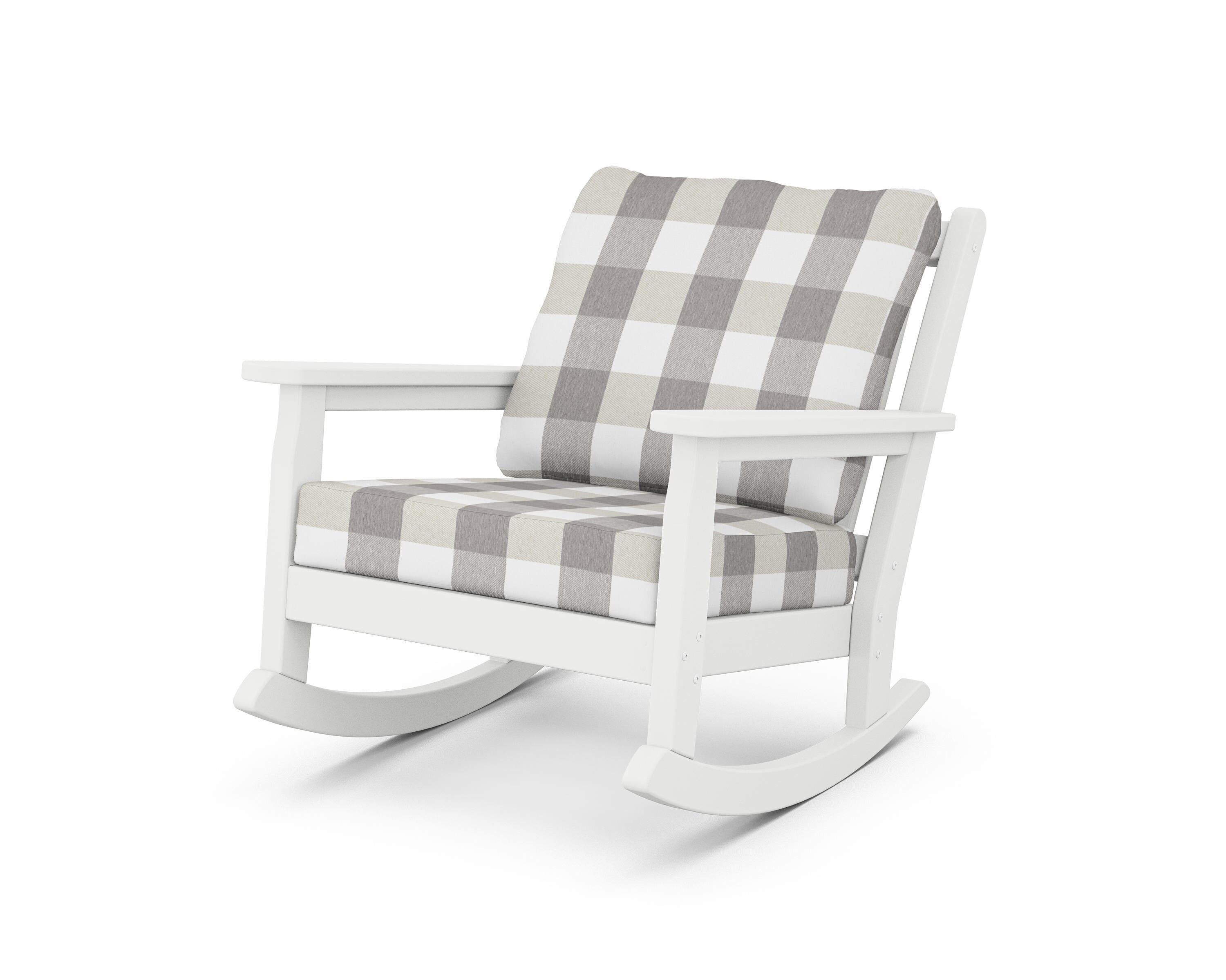 POLYWOOD® Chippendale Deep Seating Rocking Chair in White / Buffalo Plaid Grey Mist