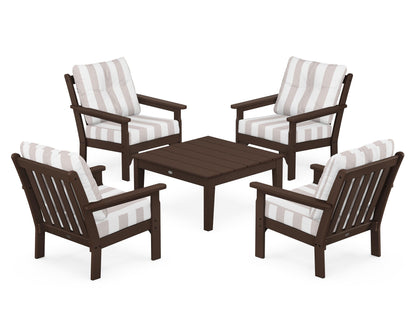 POLYWOOD® Vineyard 5-Piece Deep Seating Conversation Set in Mahogany / Cabana Stripe Dune Burlap