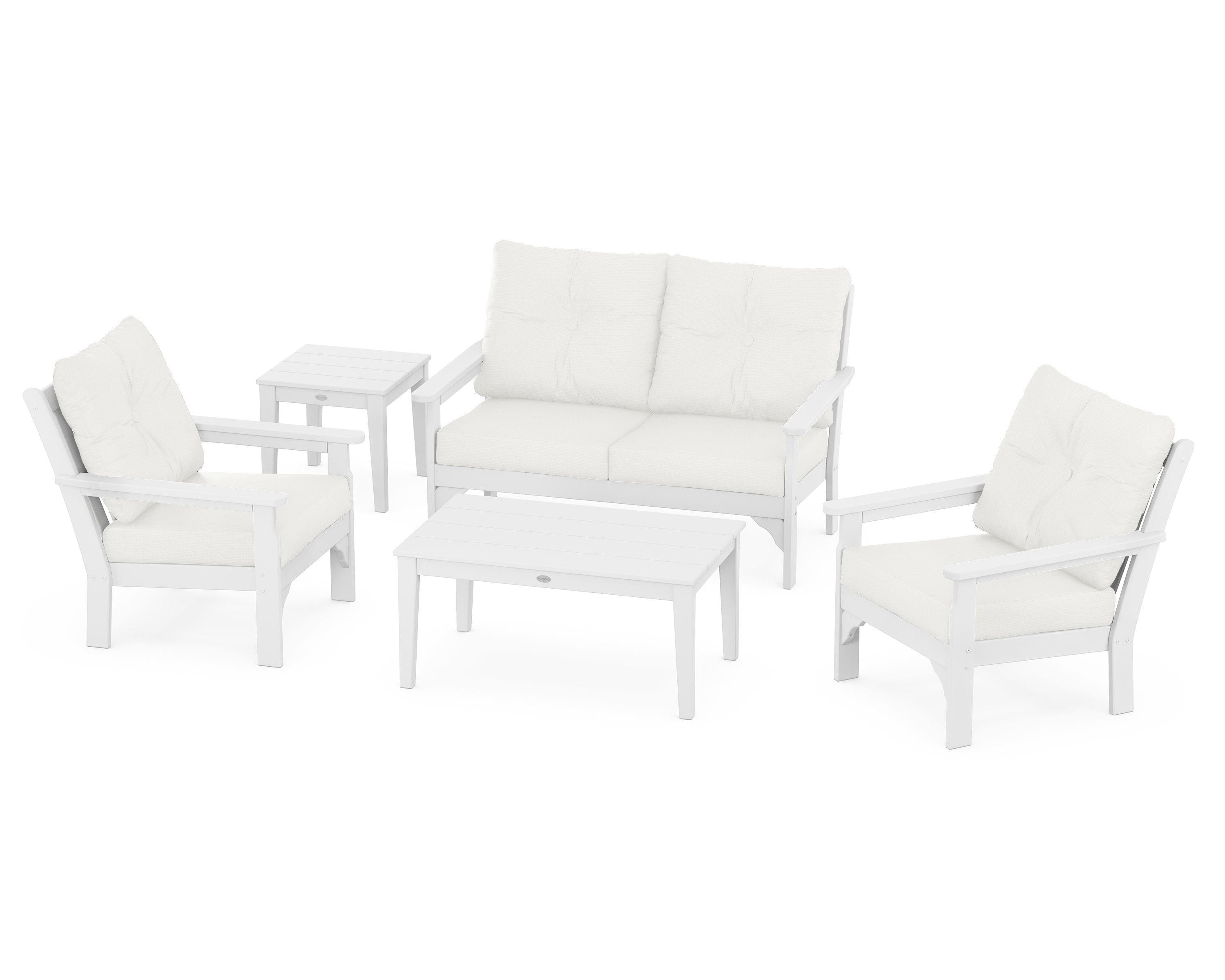POLYWOOD® Vineyard 5-Piece Deep Seating Set in White / Natural Linen