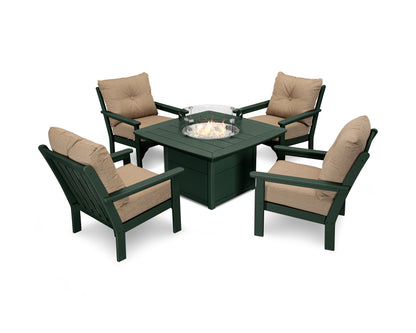 POLYWOOD® Vineyard 5-Piece Conversation Set with Fire Pit Table in Green / Sesame