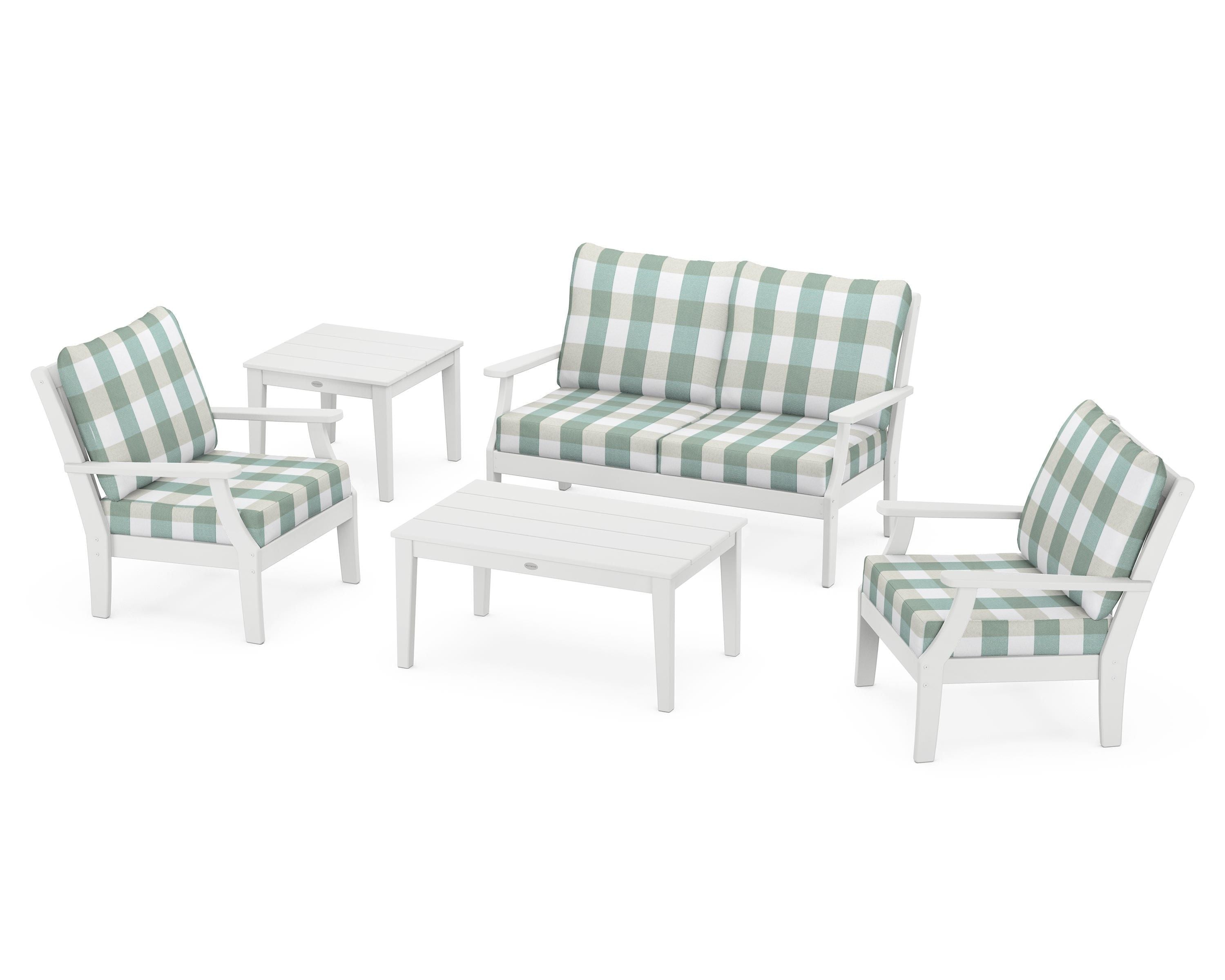 POLYWOOD® Braxton 5-Piece Deep Seating Set in White / Buffalo Plaid Glacier Spa